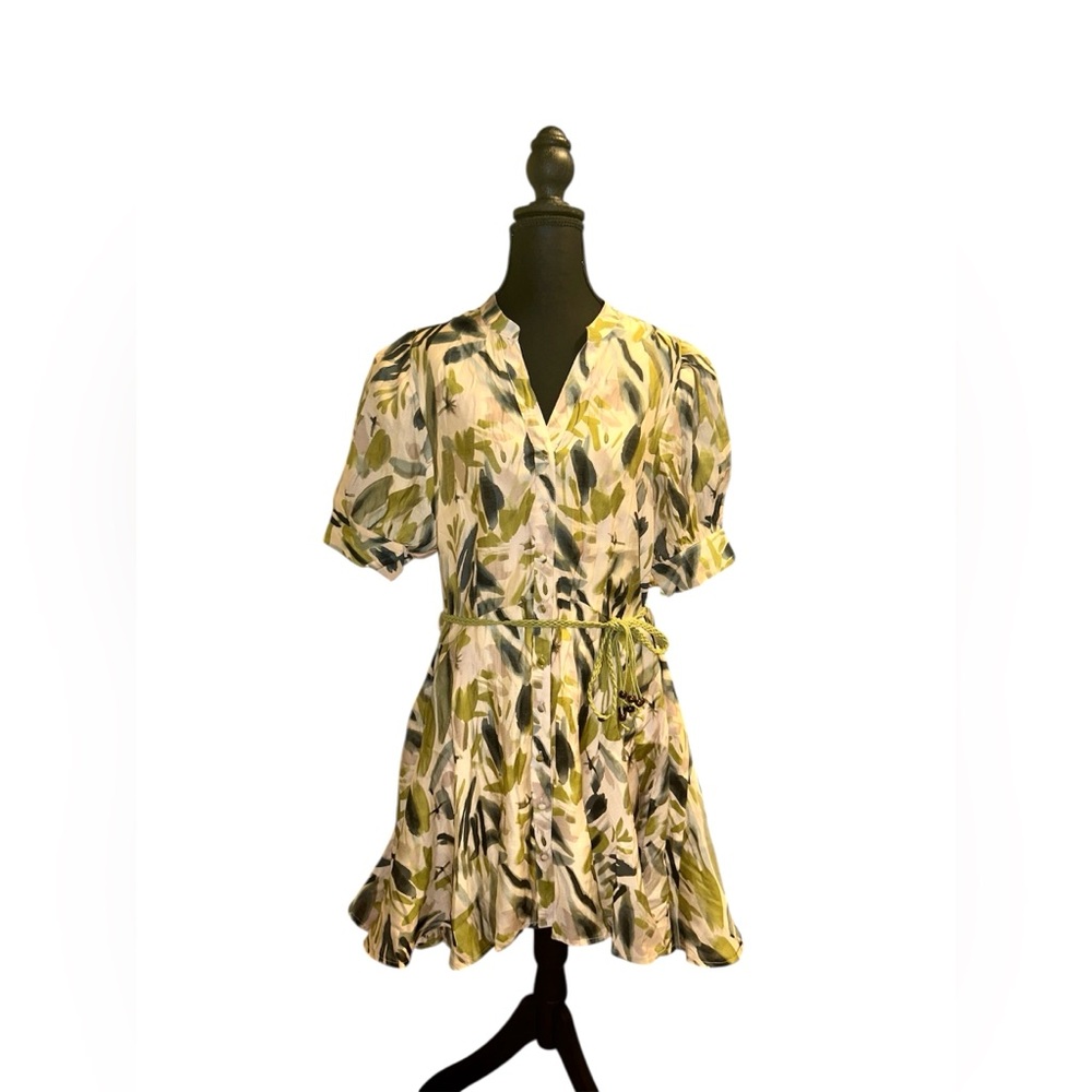 Entro Green and Cream Leaf Print Mini Dress